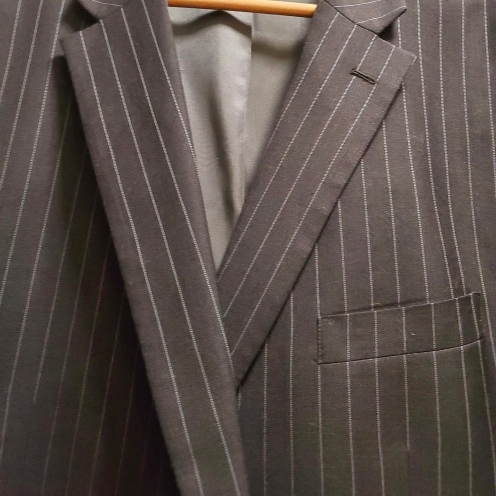 Tommy Hilfiger Wool Grey Blue Pinstripe Suit 50R 46" waist As Is